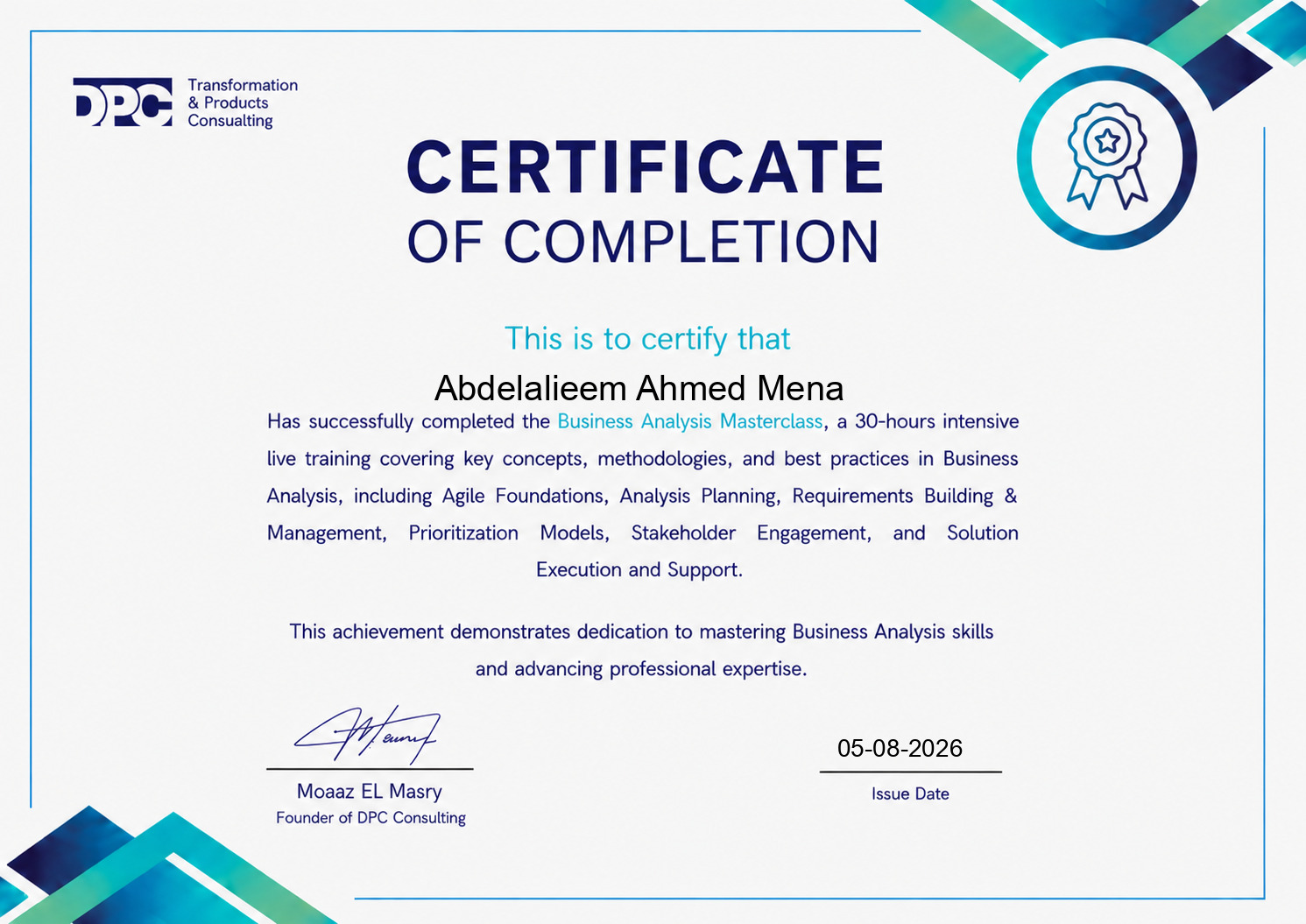 Business Analysis Masterclass certificate