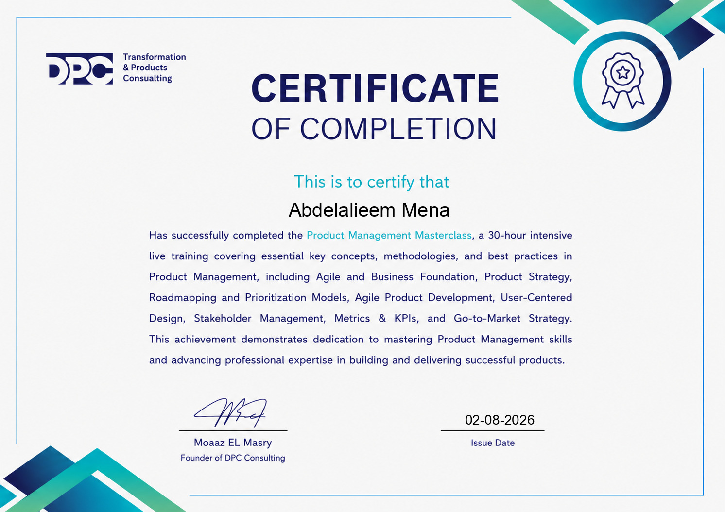 Product Management Masterclass certificate