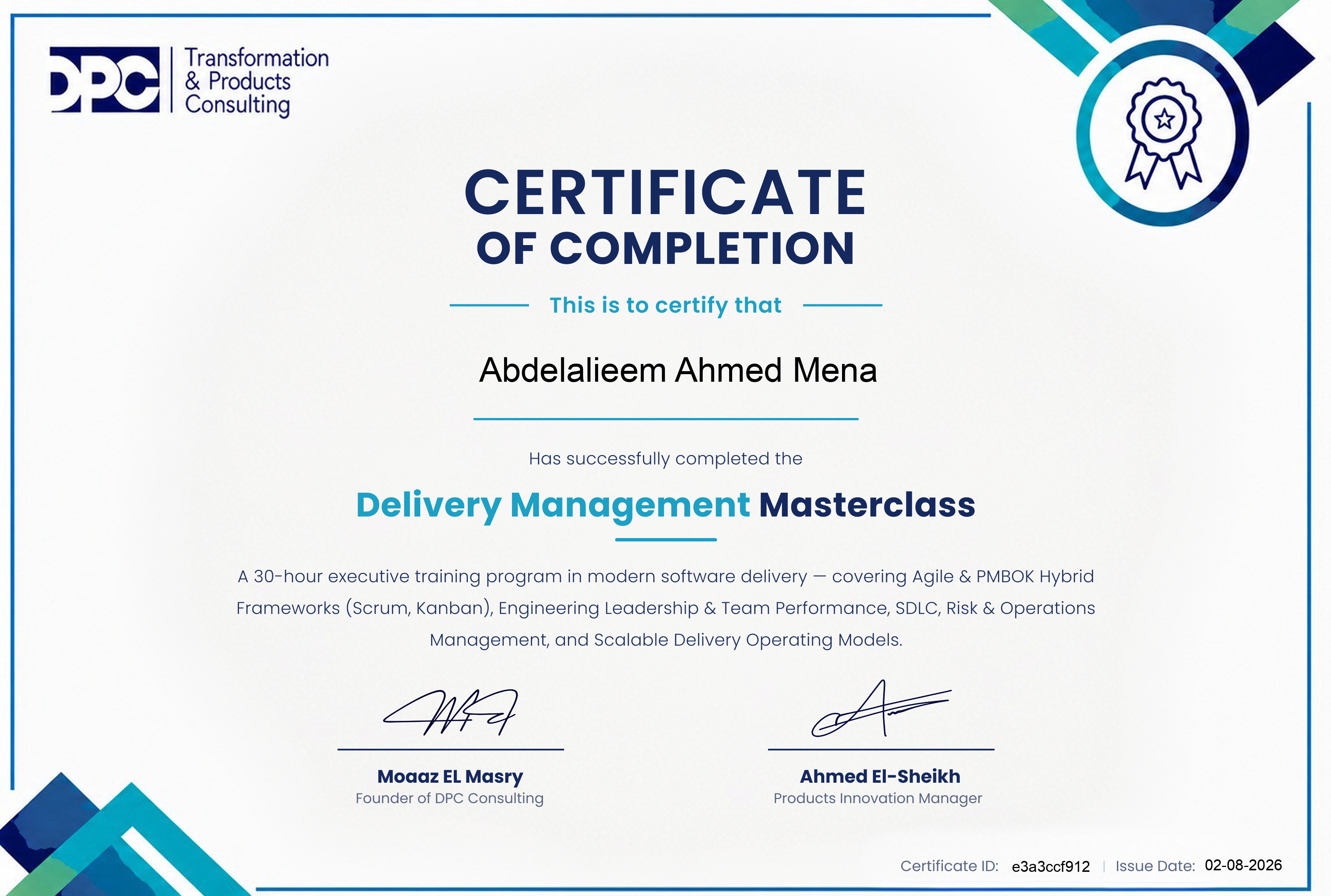 Software Delivery Management Masterclass certificate