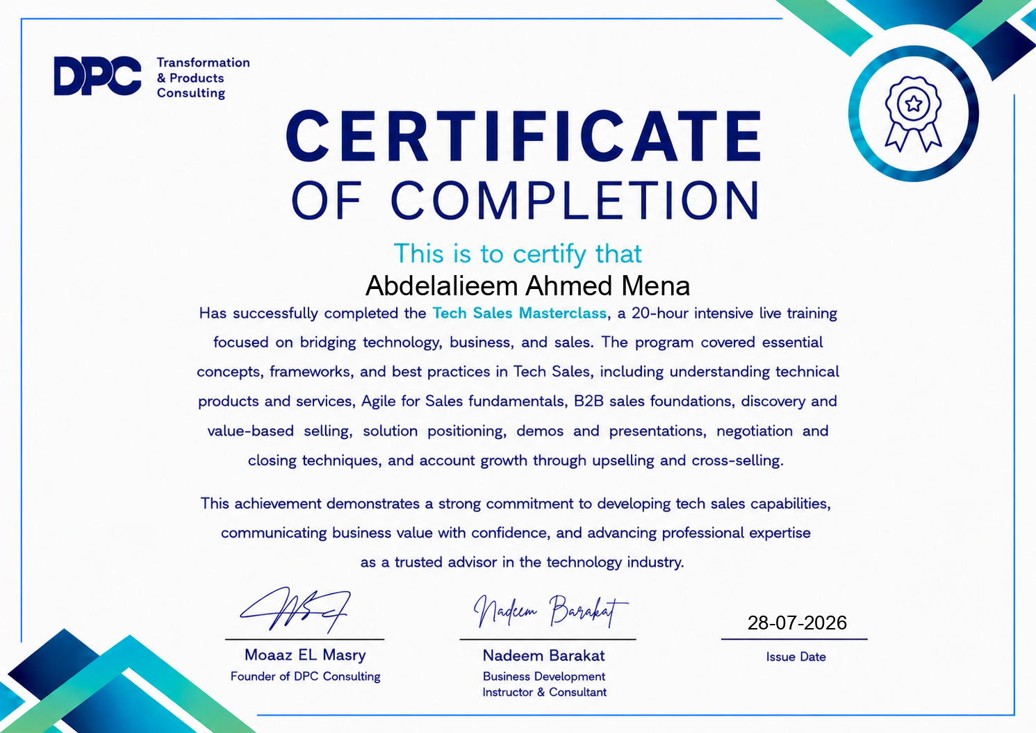 Tech Sales Masterclass certificate